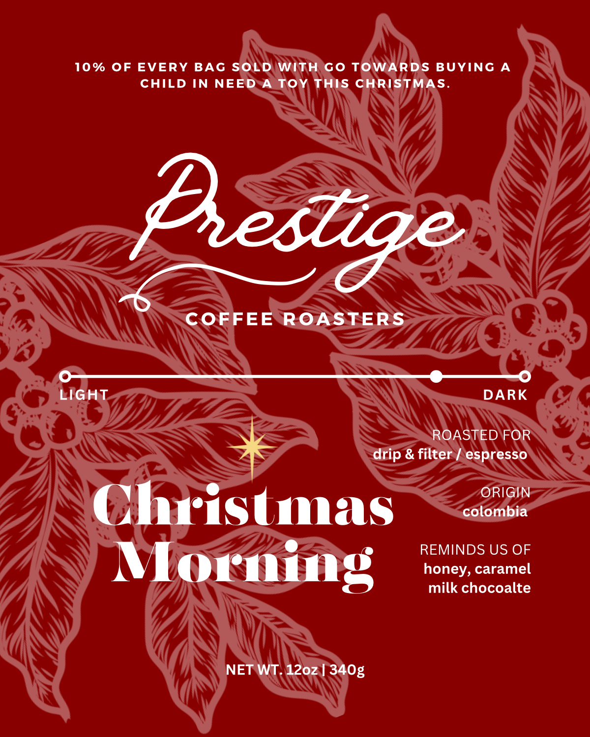 Prestige Coffee Roasters Christmas Morning coffee package with red background and leaf design.